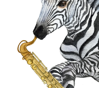 Zebra Playing Saxophone Watercolor Print