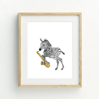 Zebra Playing Saxophone Watercolor Print