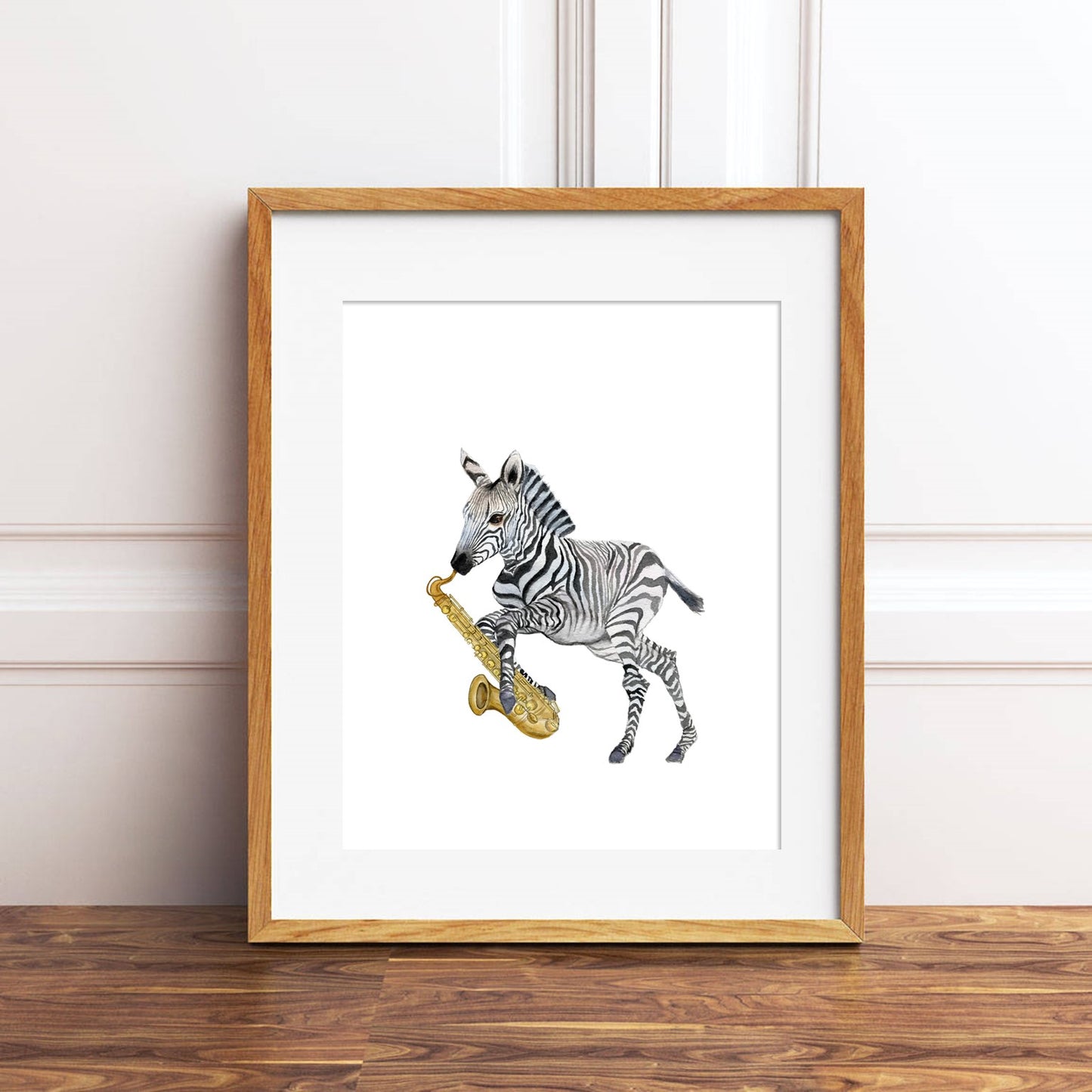 Zebra Playing Saxophone Watercolor Print