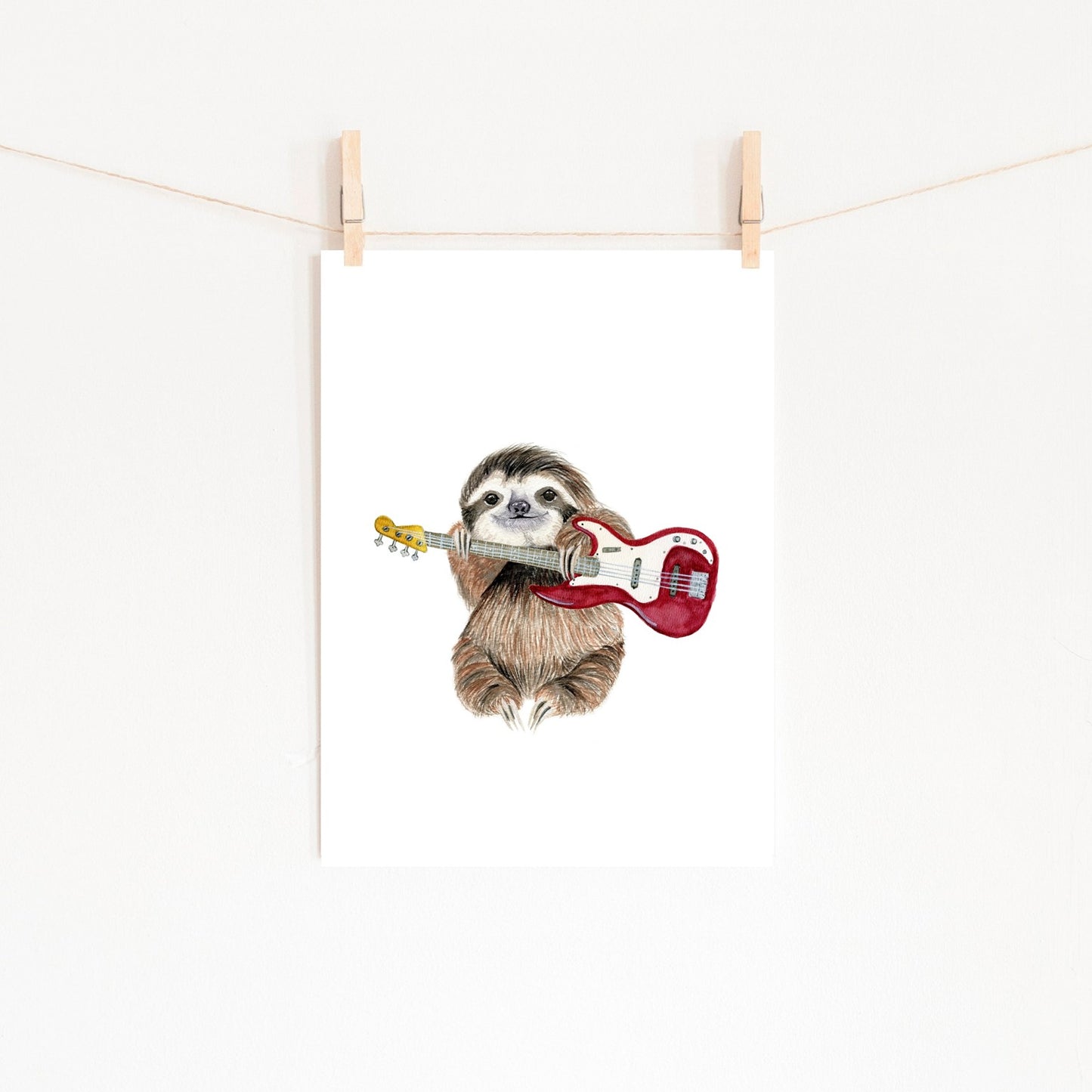 Sloth Playing Bass Guitar Watercolor Print