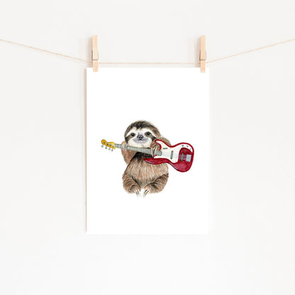 Sloth Playing Bass Guitar Watercolor Print