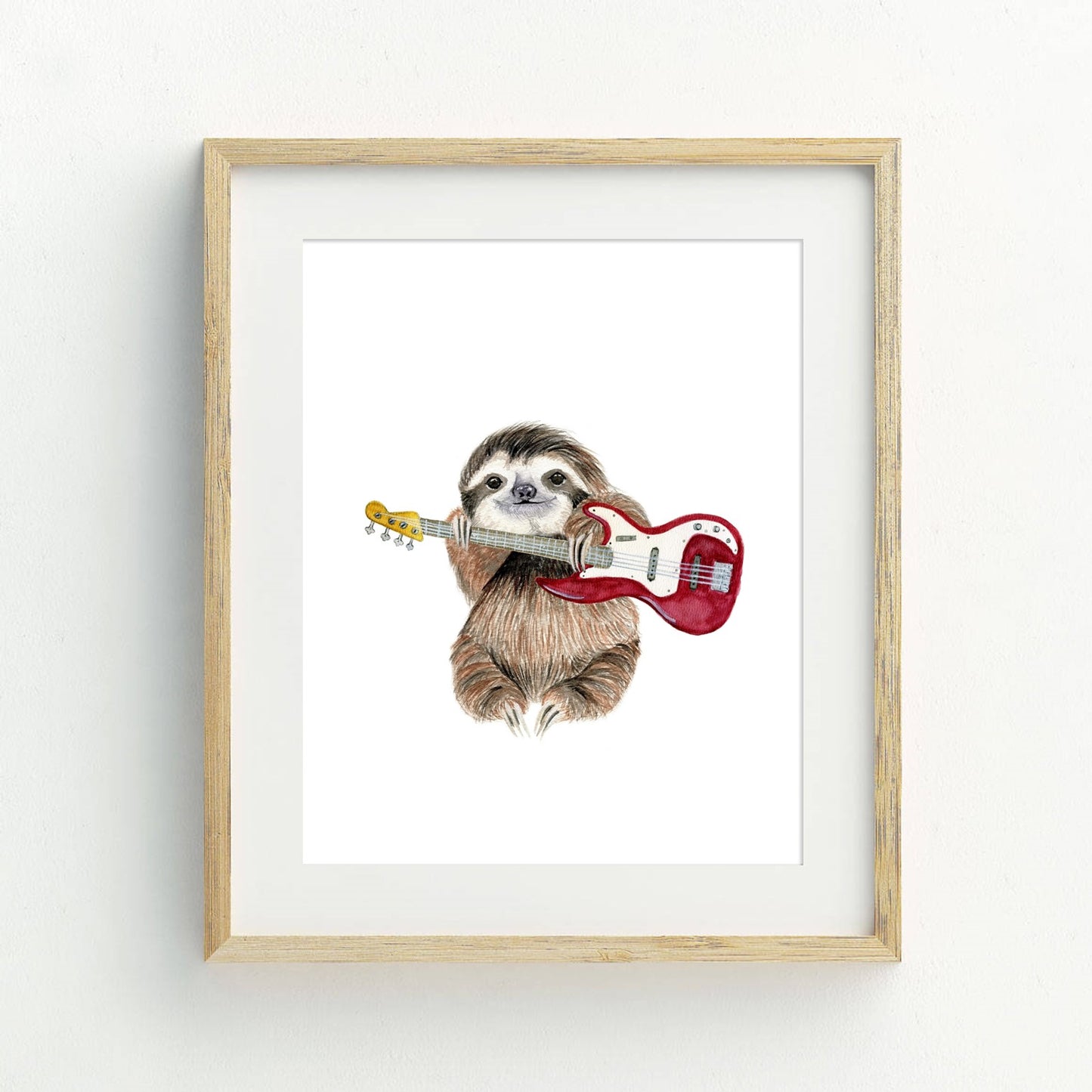 Sloth Playing Bass Guitar Watercolor Print