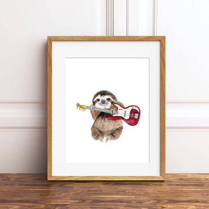 Sloth Playing Bass Guitar Watercolor Print