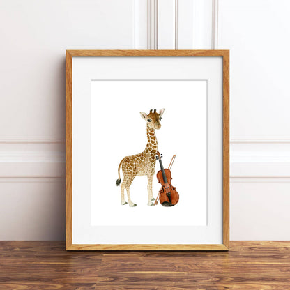 Giraffe Playing Violin Watercolor Print