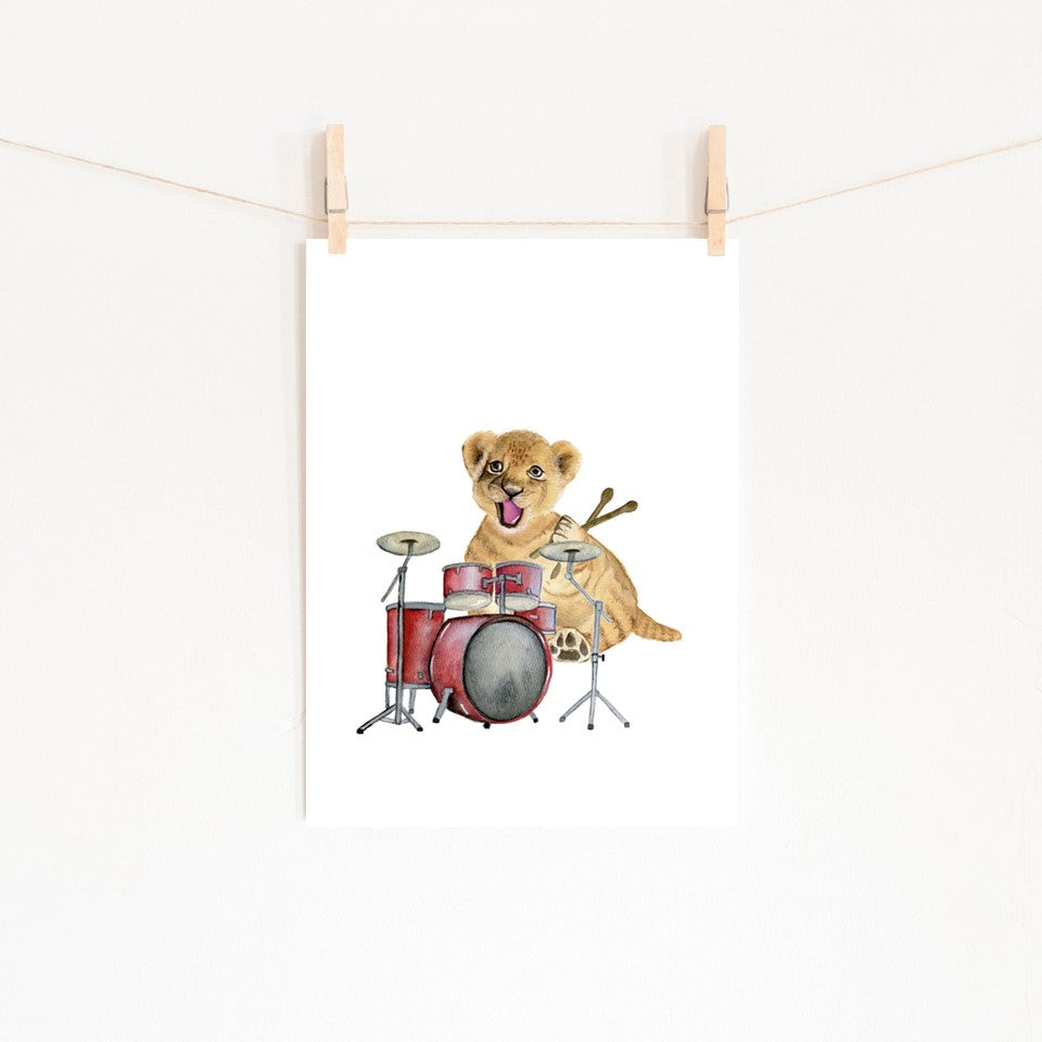 Lion Cub Playing Drumset Watercolor Print