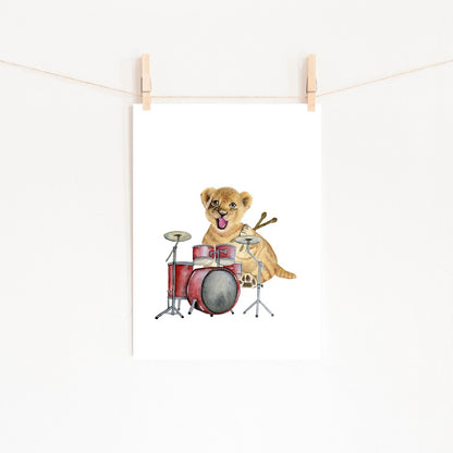 Lion Cub Playing Drumset Watercolor Print