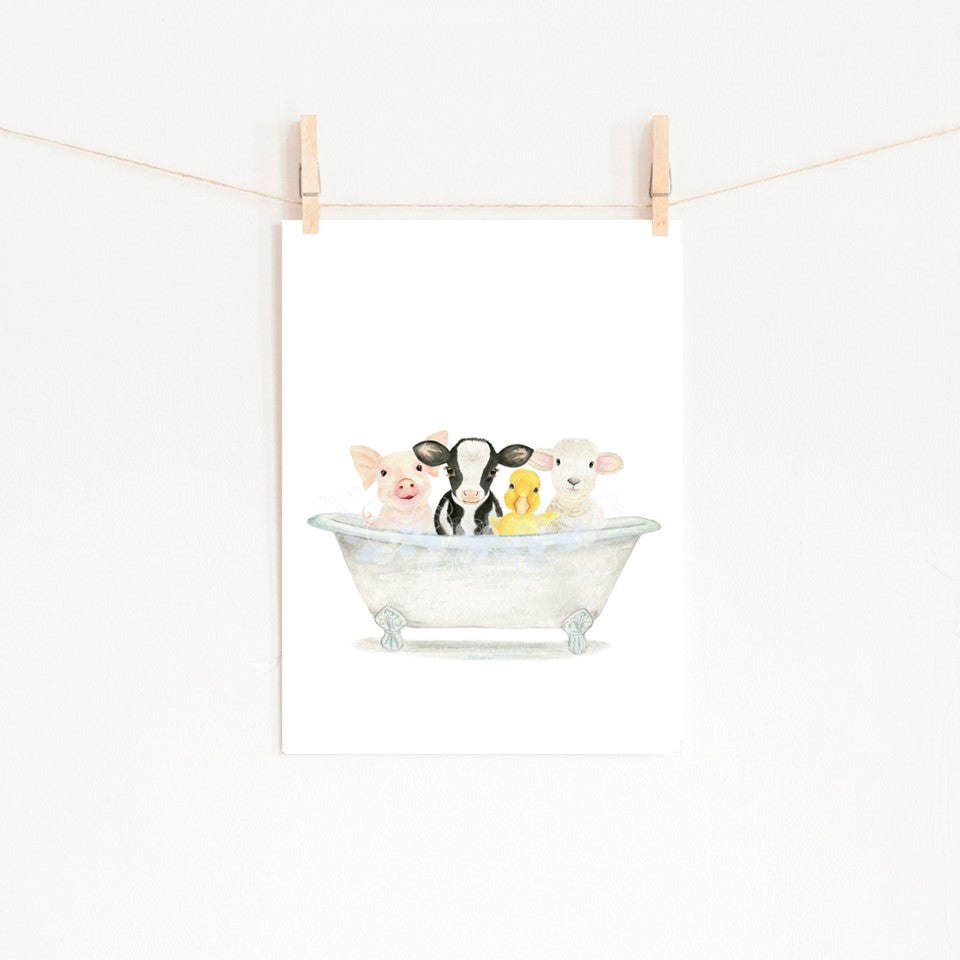 Farm Animals in Bathtub Print