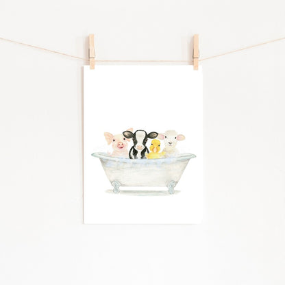 Farm Animals in Bathtub Print