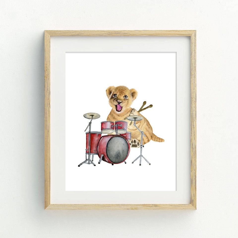 Lion Cub Playing Drumset Watercolor Print