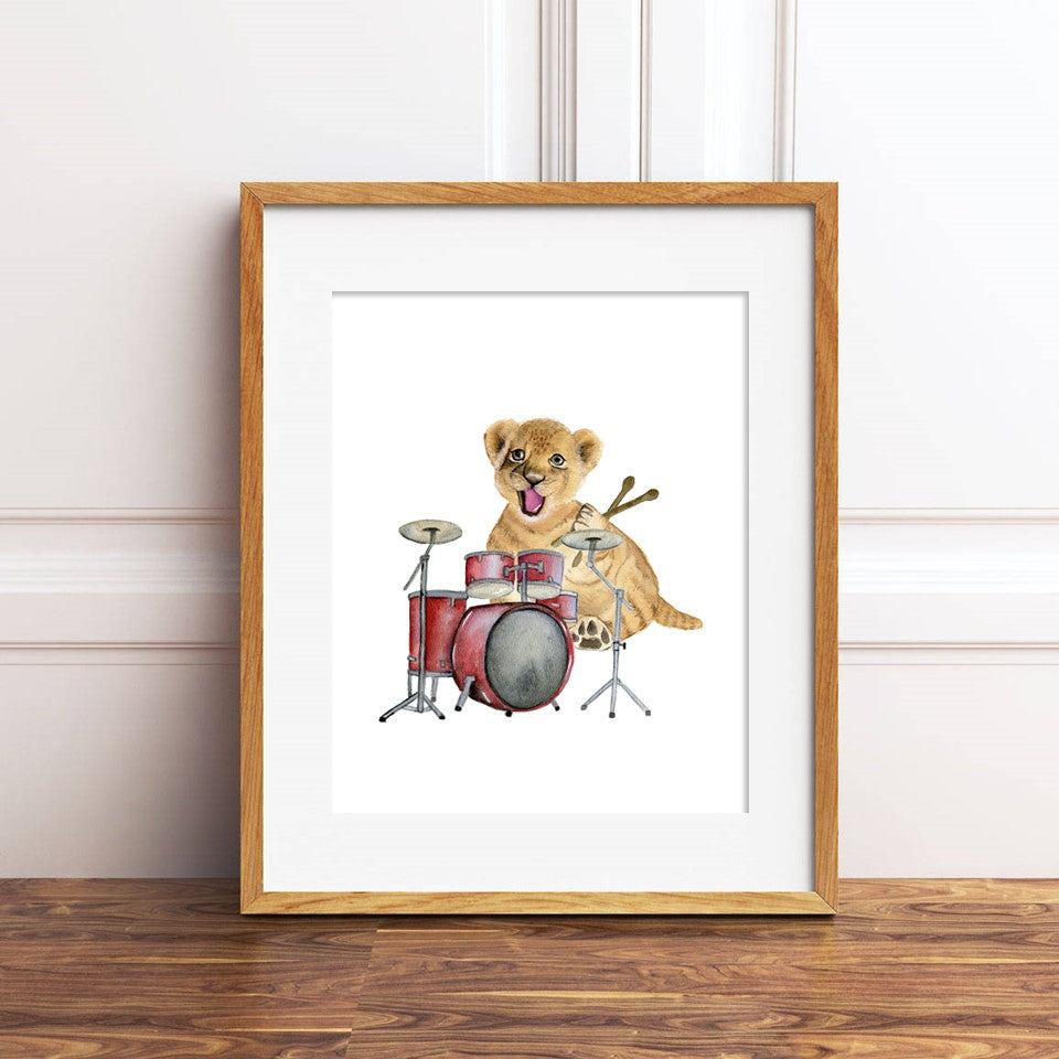 Lion Cub Playing Drumset Watercolor Print