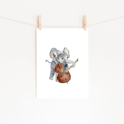 Elephant Playing Cello Watercolor Print