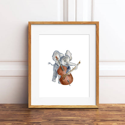 Elephant Playing Cello Watercolor Print