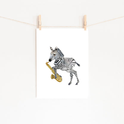 Zebra Playing Saxophone Watercolor Print