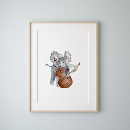 Elephant Playing Cello Watercolor Print