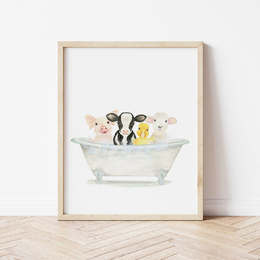 Farm Animals in Bathtub Print