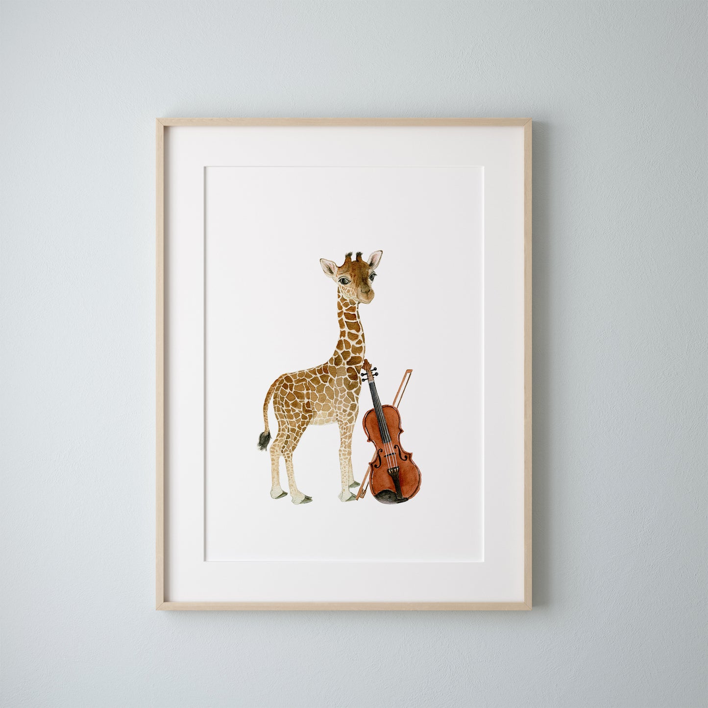 Giraffe Playing Violin Watercolor Print