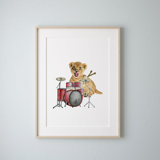 Lion Cub Playing Drumset Watercolor Print