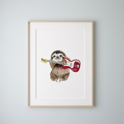 Sloth Playing Bass Guitar Watercolor Print