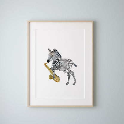 Zebra Playing Saxophone Watercolor Print